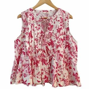 Cottagecore Pleated Top Entro Sleeveless Blouse Floral Tie Front Detail Large